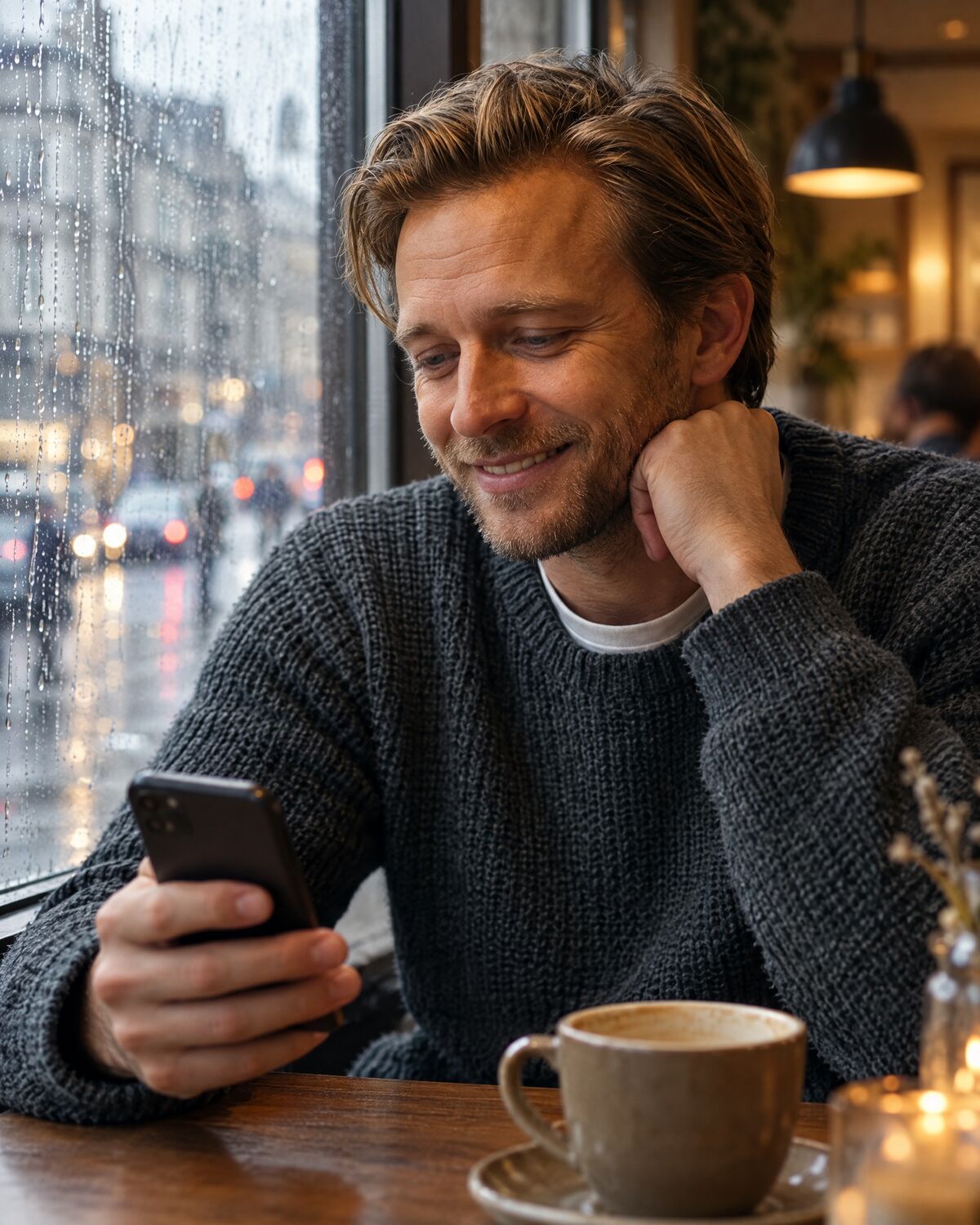 Jonas in a café on a rainy day, smiling at his phone