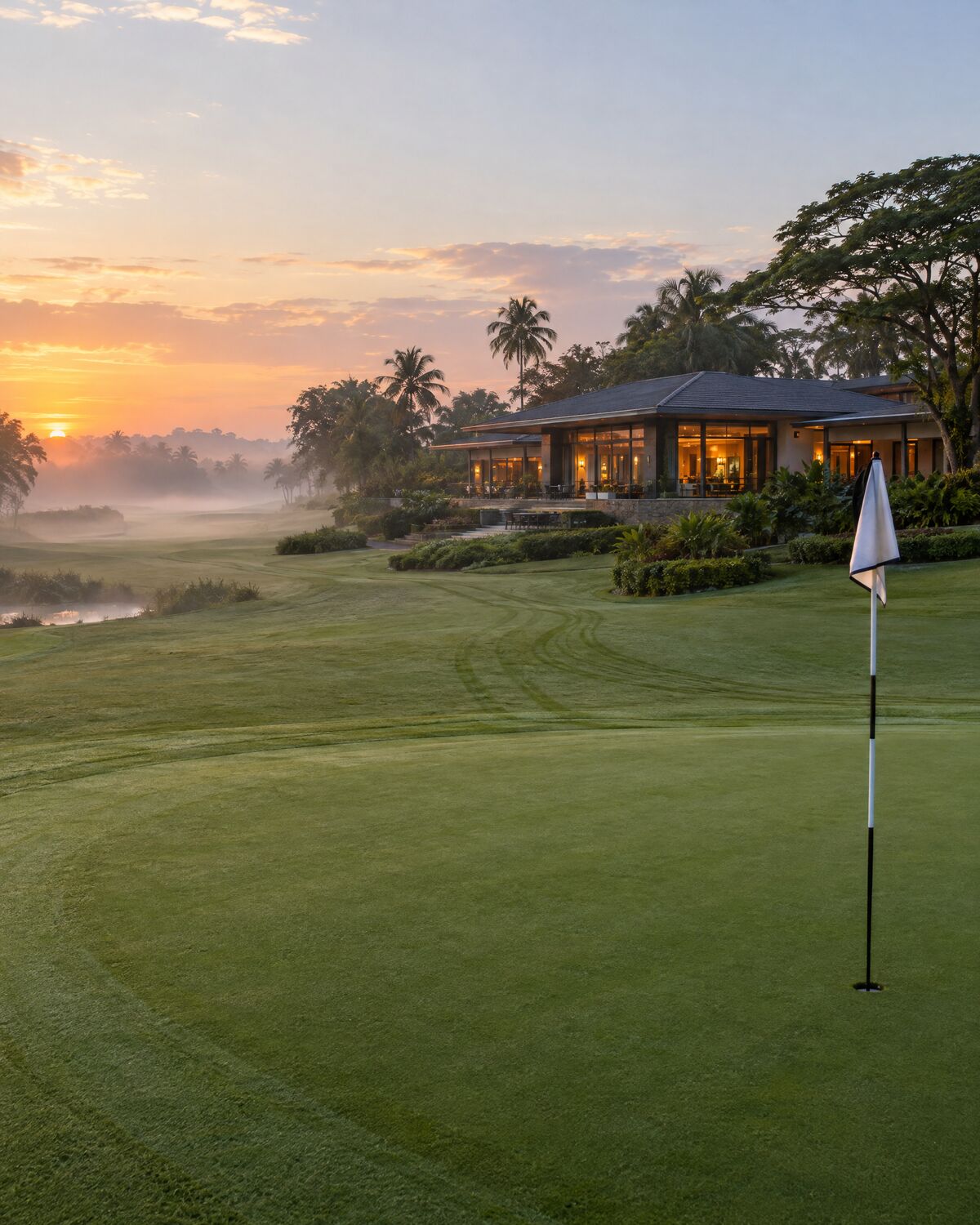 The clubhouse terrace at sunset