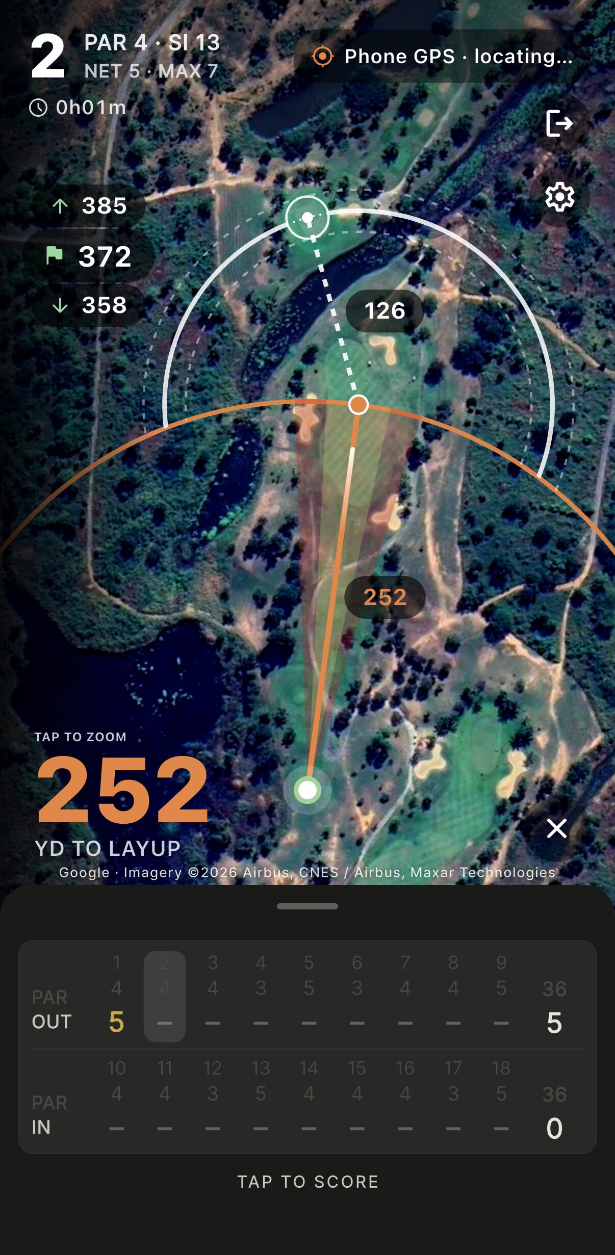 Cardie's live GPS on a phone: hole 2, par 4, 252 yards to the layup, then 126 in, with the distance arcs on the satellite map