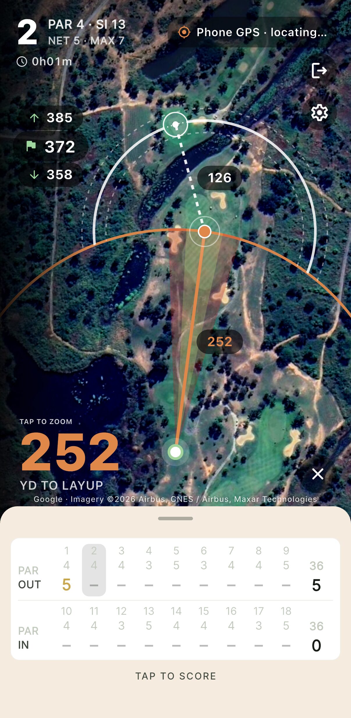 Cardie's live GPS on a phone: hole 2, par 4, 252 yards to the layup, then 126 in, with the distance arcs on the satellite map