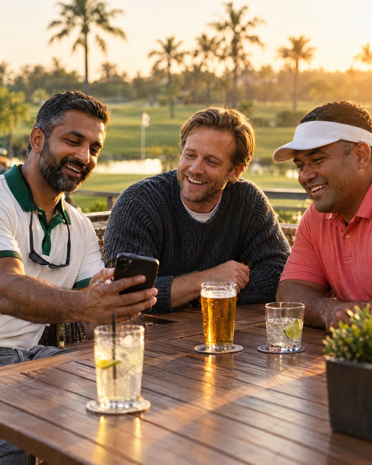 Dev, Jonas and Tai on a clubhouse terrace after a round, one of them showing the others his phone