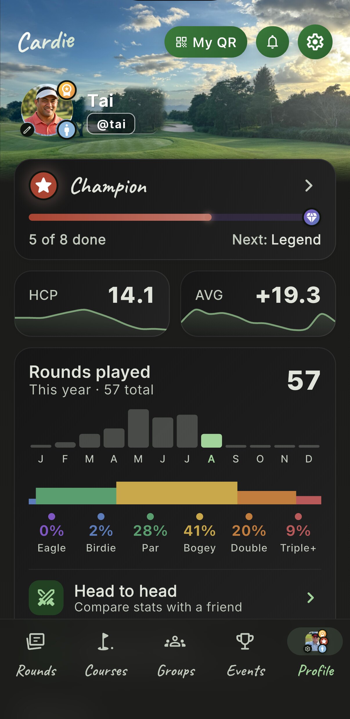 A golfer's profile in Cardie: tier, handicap and rounds played