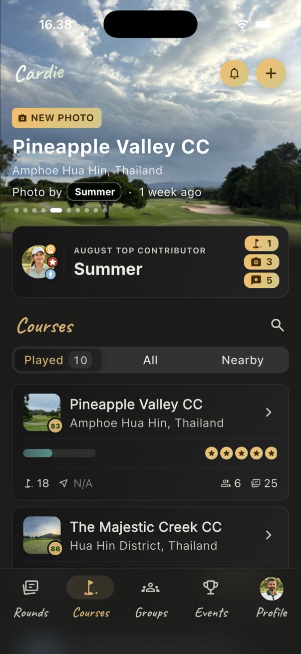 Every course you've played, and the ones near you.