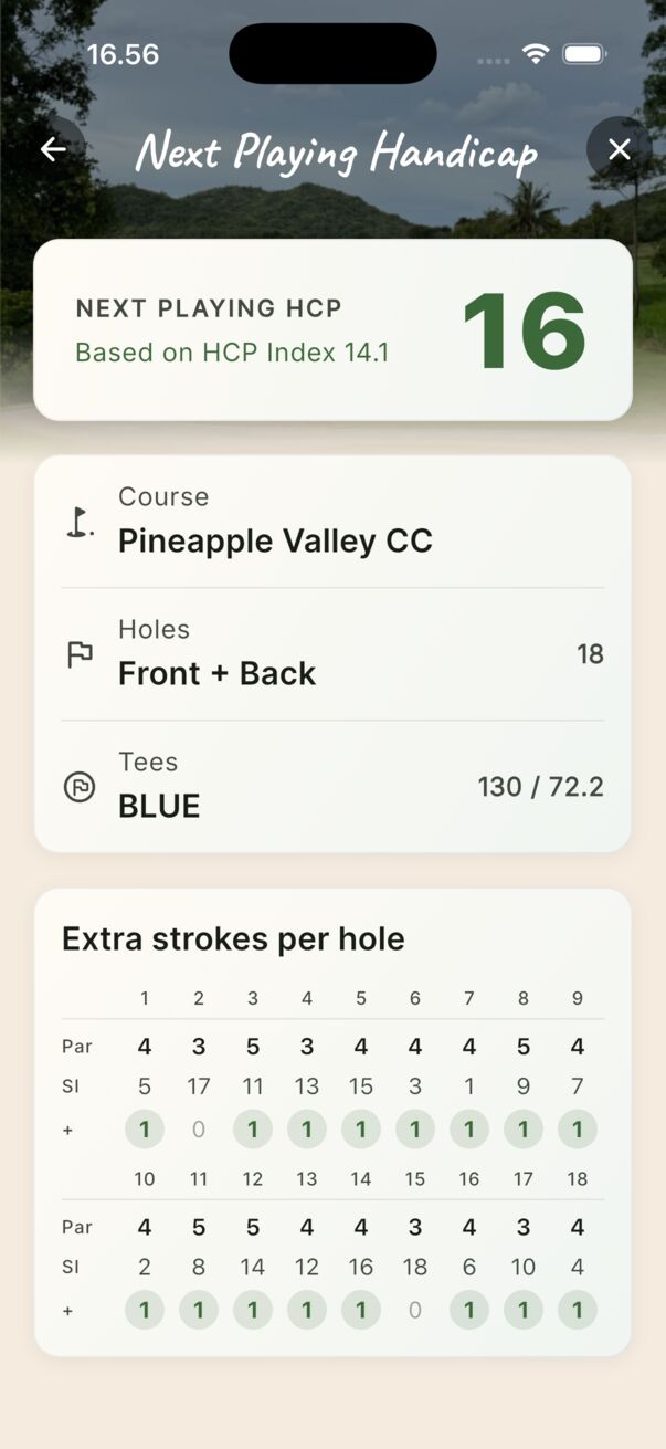 Strokes for the course and tees.
