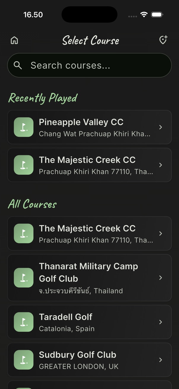 The app's course list, with recently played courses at the top