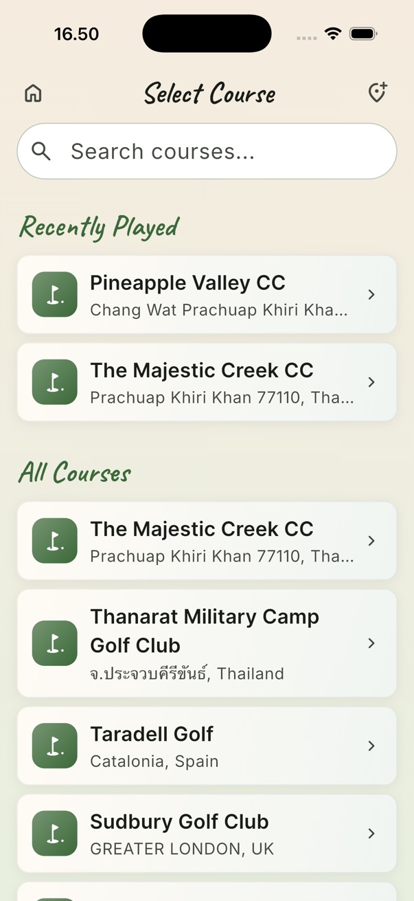The app's course list, with recently played courses at the top
