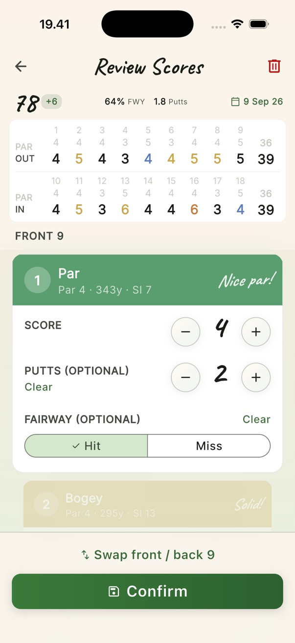 The review screen: a 78 with every hole's score, putts and fairway