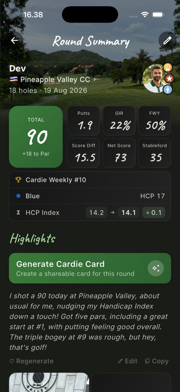 The round summary: a 90 with putts, GIR, fairways, net score, Stableford and the handicap index