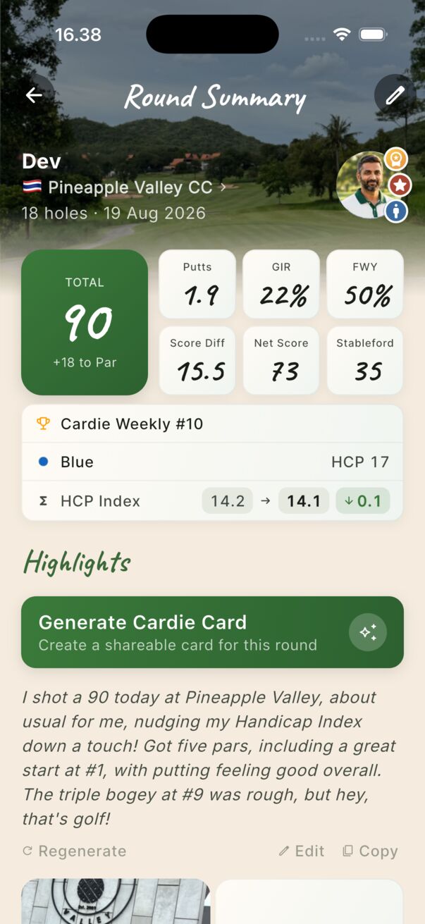 The round summary: a 90 with putts, GIR, fairways, net score, Stableford and the handicap index