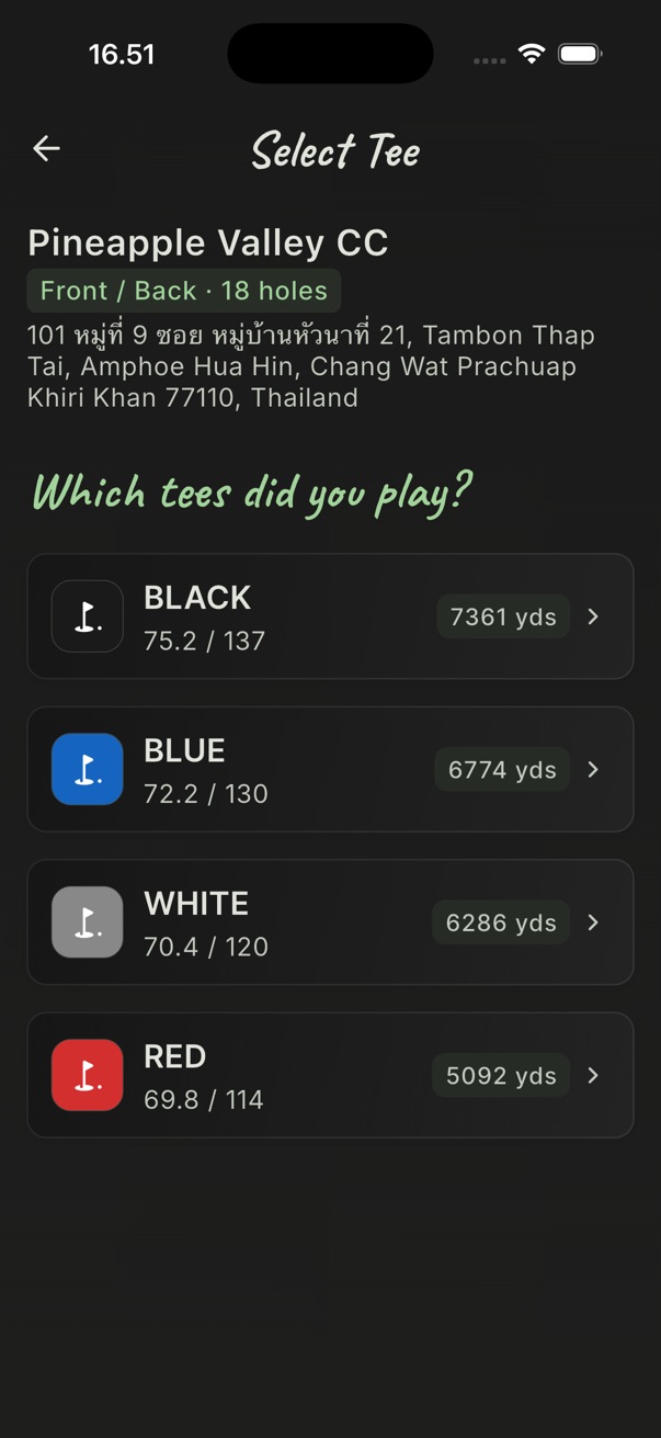 The tee list for one course: black, blue, white and red