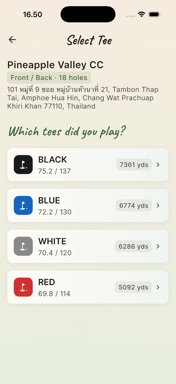 The tee list for one course: black, blue, white and red